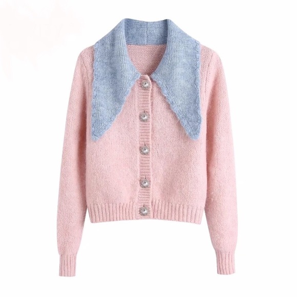 Sweaters - Cardigan sweater stone button pink blue collar short sweater knit